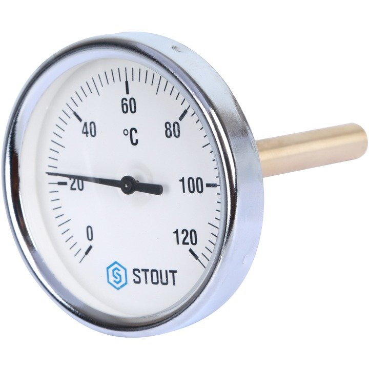 Термометр биметаллический 80 мм 1/2, 120°C с погружной гильзой 100 мм STOUT