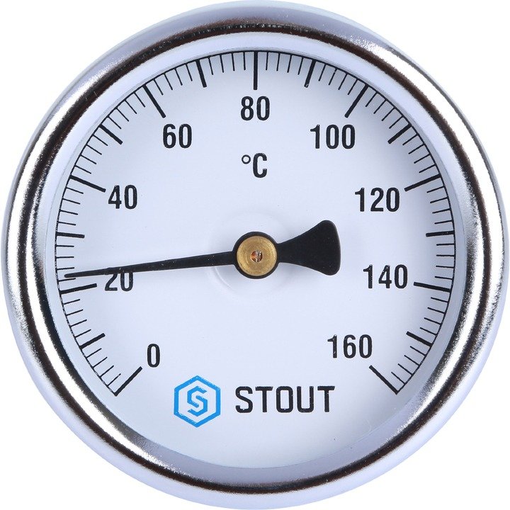 Термометр биметаллический 63 мм 1/2, 160°C с погружной гильзой 75 мм STOUT