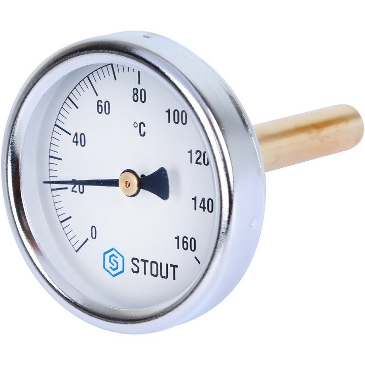 Термометр биметаллический 63 мм 1/2, 160°C с погружной гильзой 75 мм STOUT